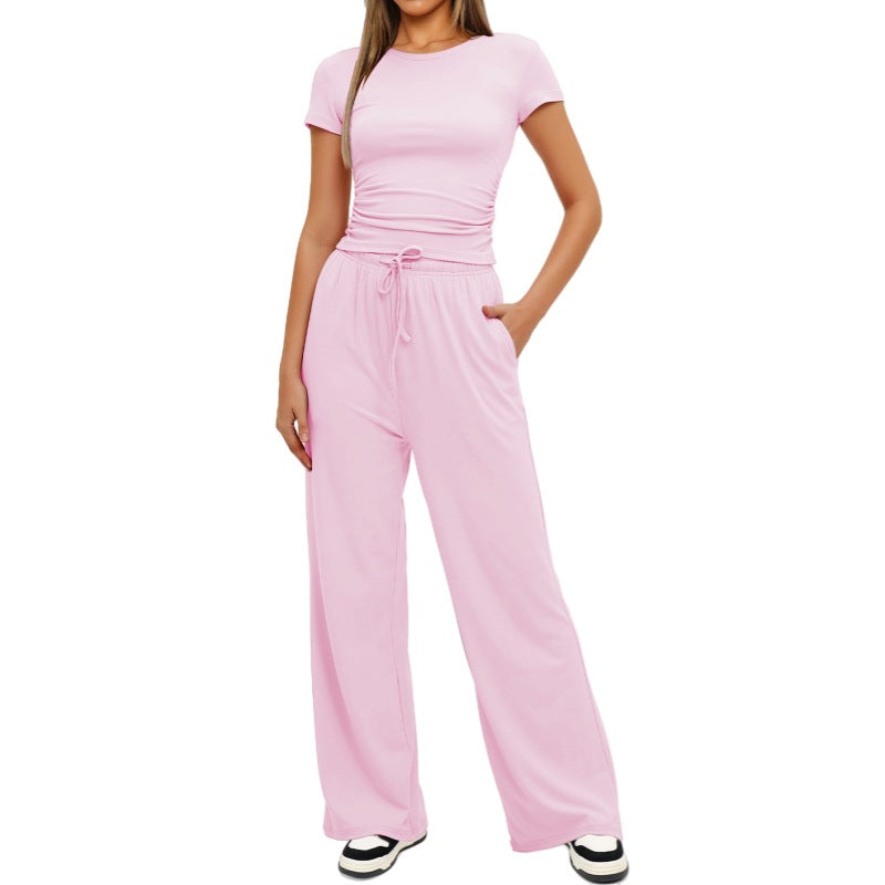 Fashion Casual Set Pleated Short Sleeves Top And Trousers