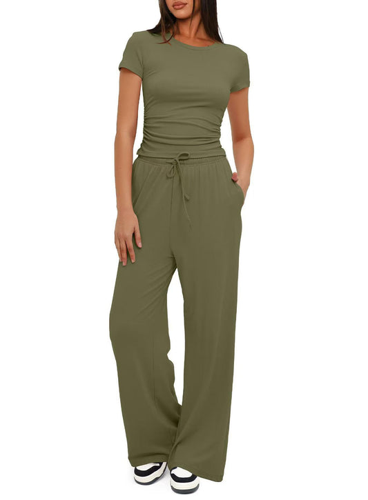 Fashion Casual Set Pleated Short Sleeves Top And Trousers