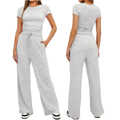 Fashion Casual Set Pleated Short Sleeves Top And Trousers