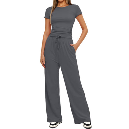 Fashion Casual Set Pleated Short Sleeves Top And Trousers